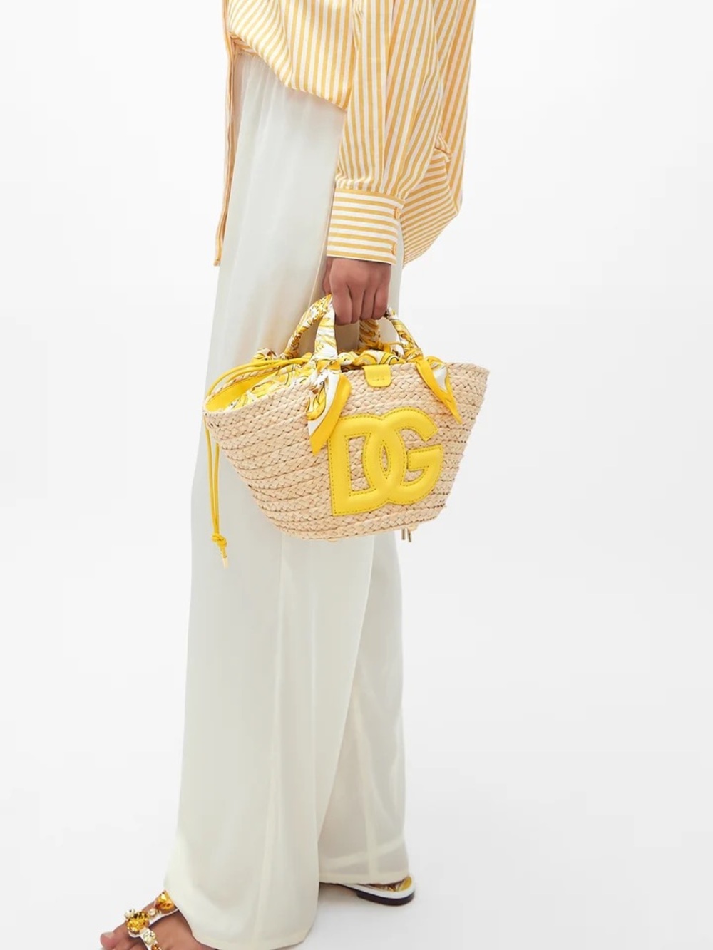 Dolce & Gabbana Kendra Straw Tote Bag w/ Yellow Logo & Silk Scarf Wrapped Handle - Picture 2 of 11